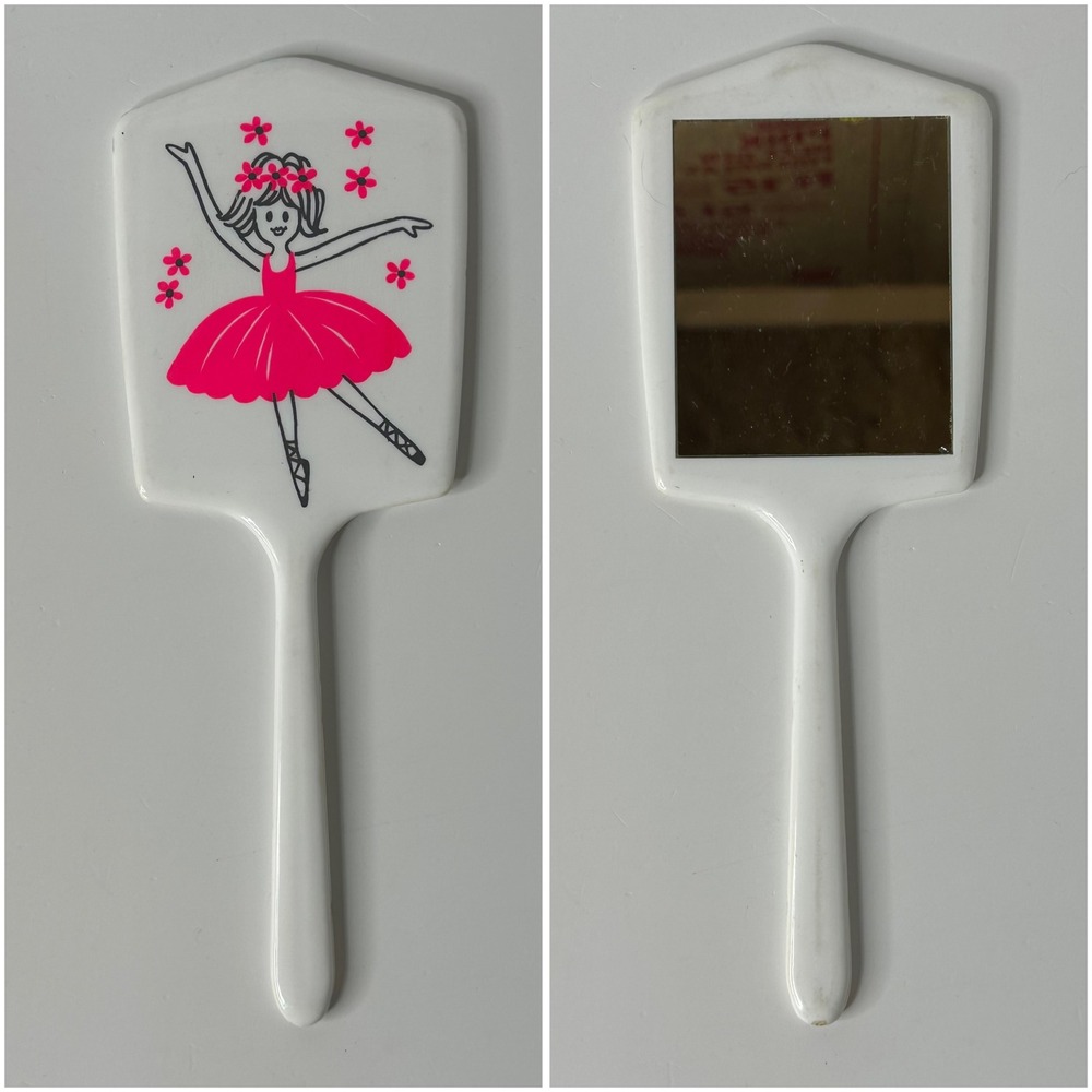 Vintage Ballerina Hand Mirror White Plastic Pink Tutu Girl Dancer Kitsch Retro